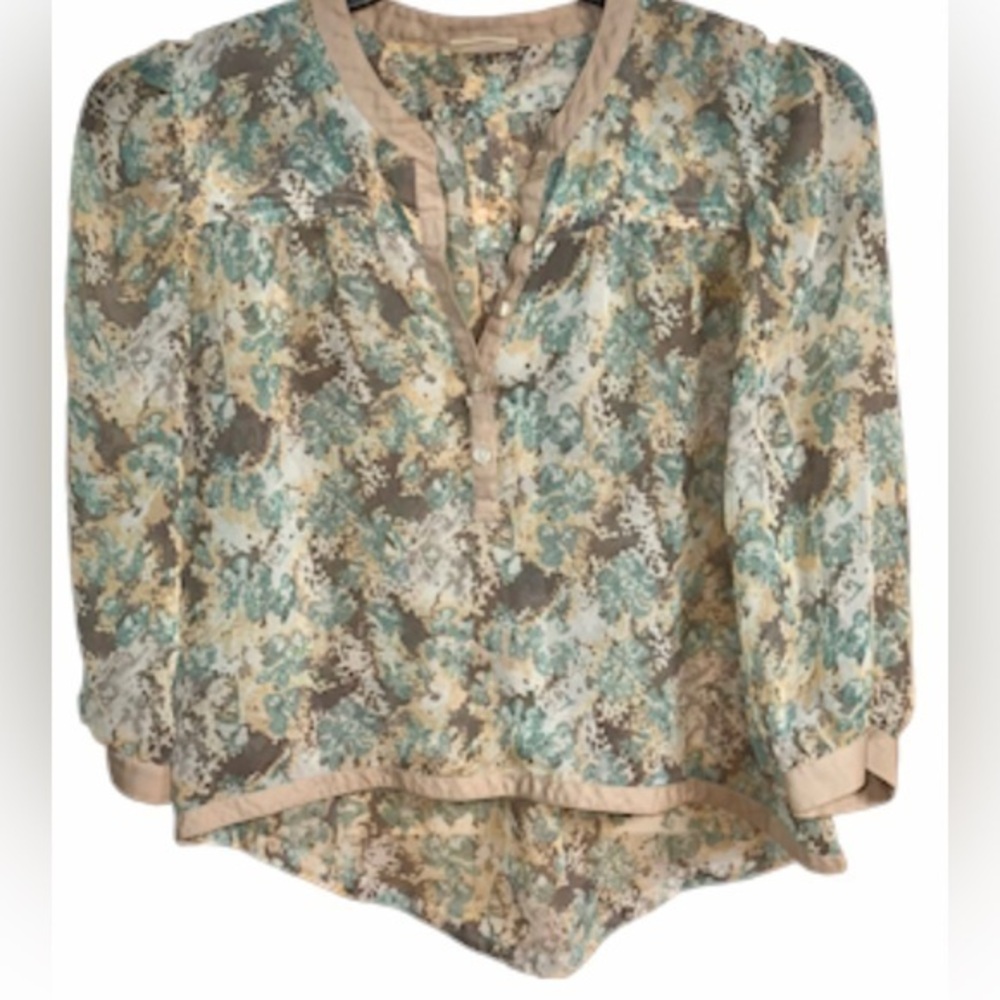 Free People Sheer floral hippie boho Neutral Khaki tan green flowy Top blouse